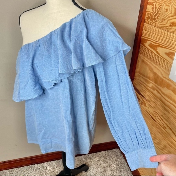 Ann Taylor Loft Blue Chambray Cotton One Shoulder Ruffle Top Blouse Small NWT - Picture 7 of 11